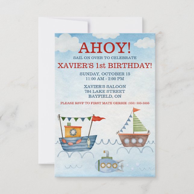 Invitation AHOY ! Bateaux nautiques et fête d'anniversaire so (Devant)