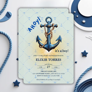 Invitation Ahoy bleu moderne ! Ancre Baby shower nautique