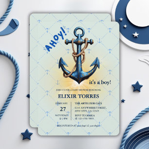 Invitation Ahoy bleu moderne ! Ancre Baby shower nautique