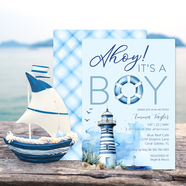 Invitation Ahoy C’est un garçon Baby shower nautique Invitati (Ahoy It's A Boy Lighthouse Baby Shower Theme)