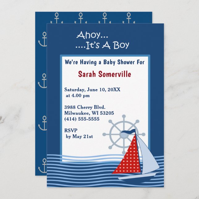Invitation Ahoy C'est un Baby shower de bateau à voile bleu g (Devant / Derrière)