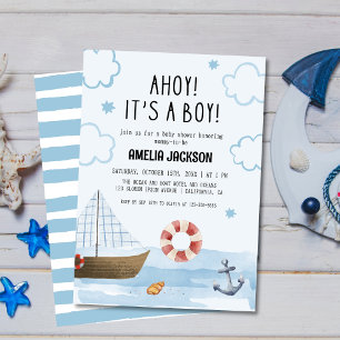 Invitation Ahoy c'est un baby shower de voilier bleu garçon