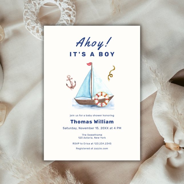 Invitation Ahoy C'est un Baby shower de voilier nautique (Ahoy It's A Boy Nautical Sailboat Baby Shower Invitation)