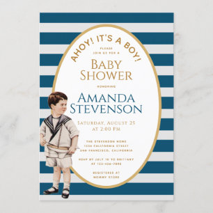 Invitation Ahoy C'est un Baby shower nautique Boy Sailor Gold
