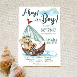 Invitation Ahoy c'est un baby shower nautique d'ours en peluc