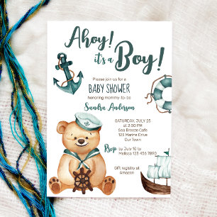 Invitation Ahoy c'est un baby shower nautique d'ours en peluc