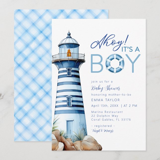 Invitation Ahoy C'est un Baby shower phare nautique (Devant / Derrière)