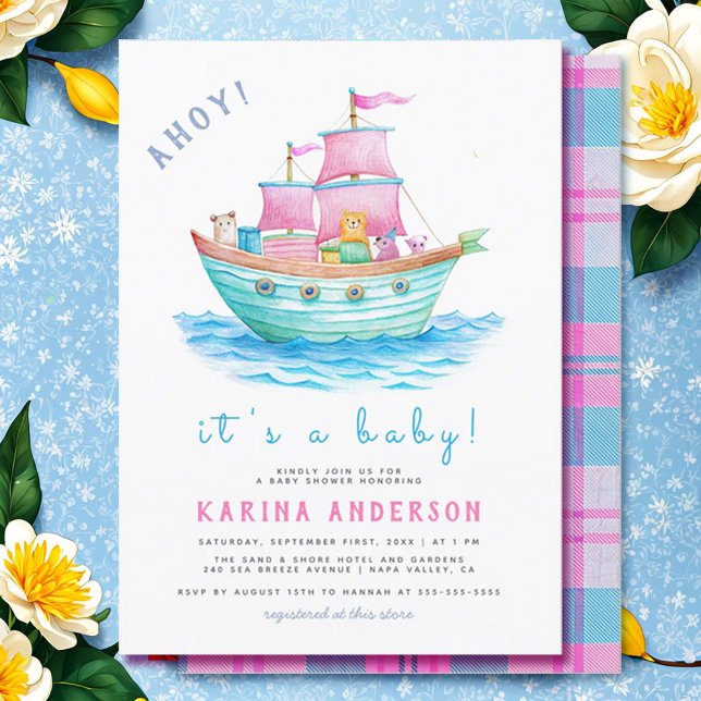 Invitation Ahoy C'est Un Bébé Bateau Animaux Baby shower de v (Créateur téléchargé)