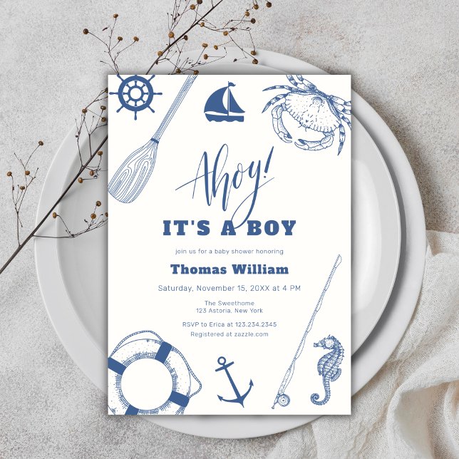 Invitation Ahoy C'est un garçon Baby shower de pêche nautique (Ahoy It's A Boy Nautical Fishing Baby Shower Invitation)