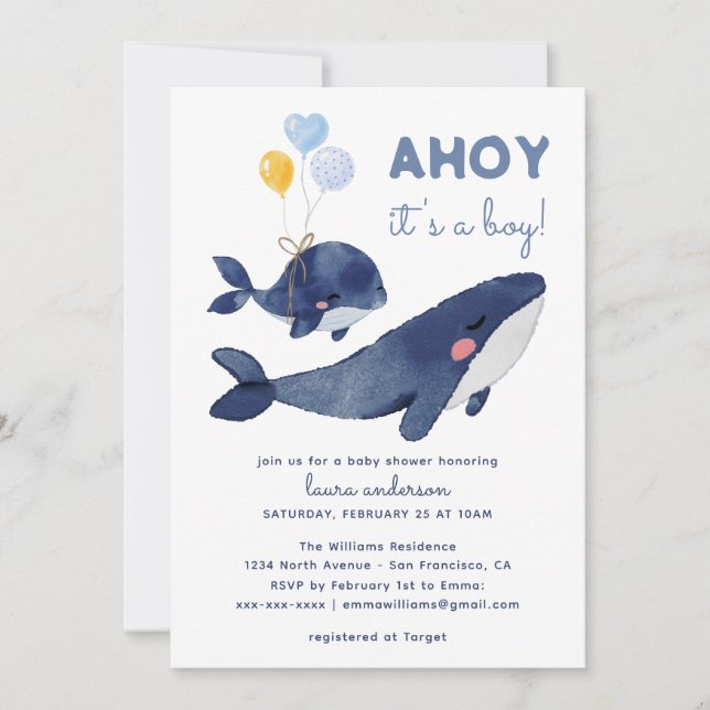 Invitation AHOY C'est un garçon ! Baby shower maman baleine (Devant)