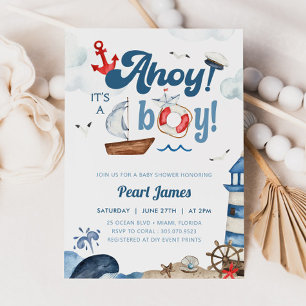 Invitation Ahoy C'est un garçon Baby shower nautique bleu et 