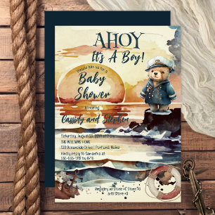 Invitation Ahoy, C'est un garçon Baby shower Nautique Teddy B