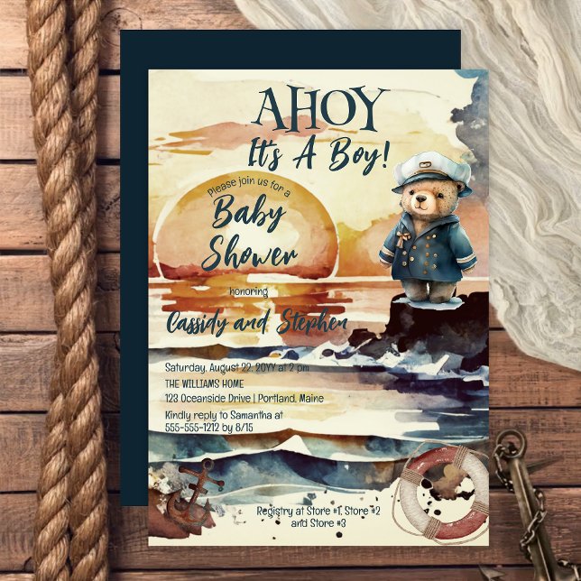 Invitation Ahoy, C'est un garçon Baby shower Nautique Teddy B (Ahoy It's A Boy Nautical Teddy Bear Baby Shower Invitation -- Print | Digital Download)