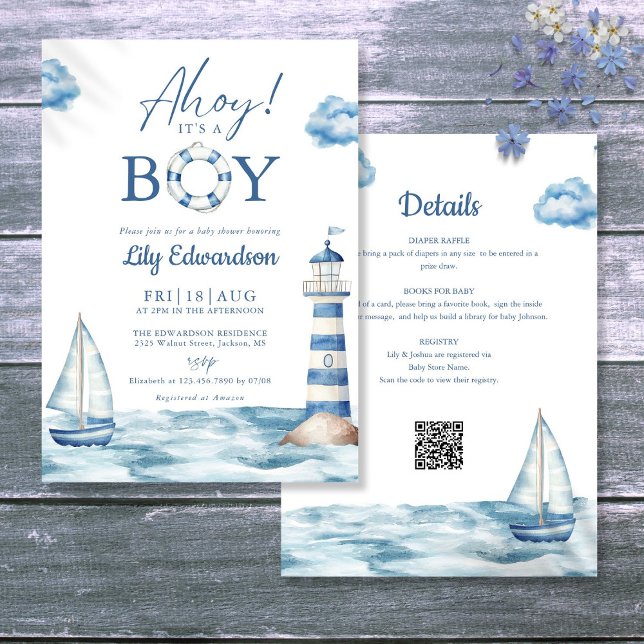 Invitation Ahoy C'Est Un Garçon Baby shower Nautique Tout En  (Ahoy Its A Boy Nautical Baby Shower All In One Invitation)