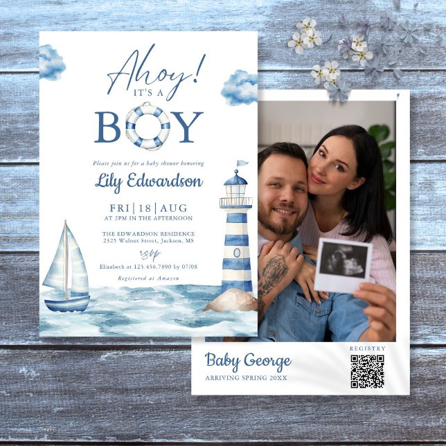 Invitation Ahoy C'Est Un Garçon Baby shower Photo QR Code (Créateur téléchargé)