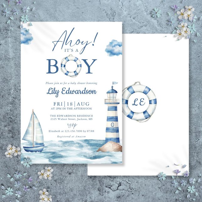 Invitation Ahoy C'Est Un Garçon Bleu Baby shower Nautique (Ahoy Its A Boy Blue Nautical Baby Shower Invitation)