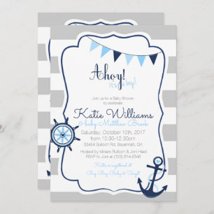 Invitation Ahoy c'est un Garçon Nautique Baby shower bleu gri