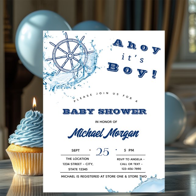 Invitation Ahoy C'est Un Garçon,Roue Naútíque,Points Bébé Fêt (Créateur téléchargé)