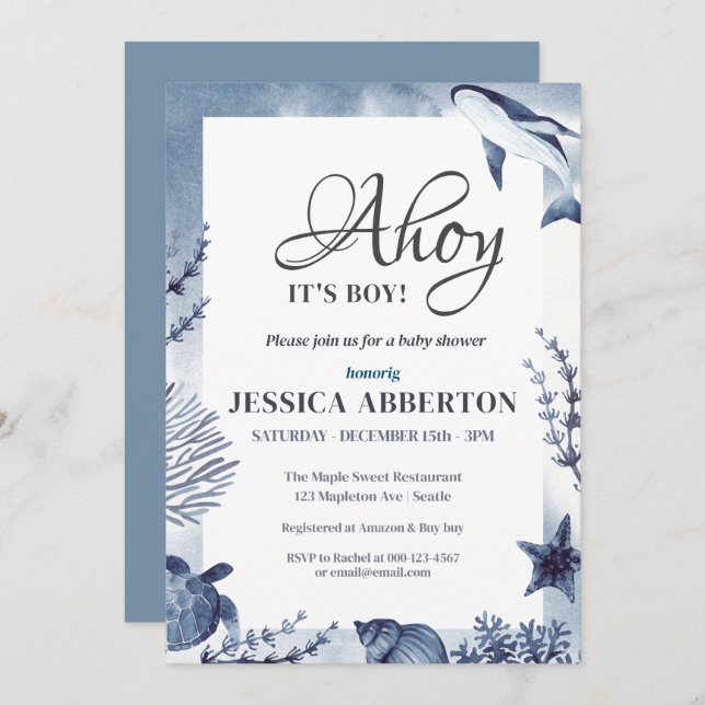 Invitation Ahoy, C'est un garçon sous l'océan Océan Animaux B (Devant / Derrière)