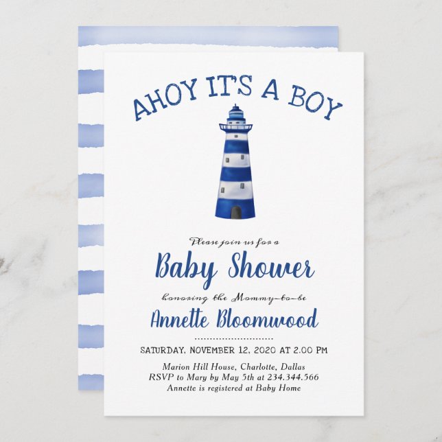 Invitation Ahoy C'Est Un Petit Phare | Baby shower nautique (Devant / Derrière)