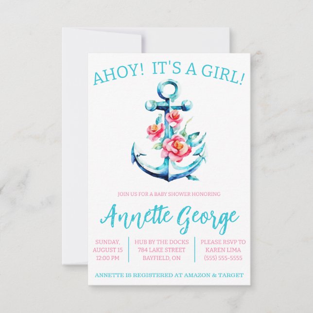 Invitation AHOY ! C'est une FILLE ! Baby shower Ancre floral (Devant)