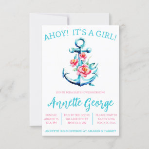 Invitation AHOY ! C'est une FILLE ! Baby shower Ancre floral