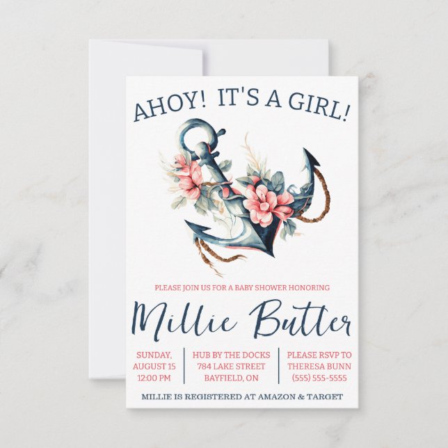Invitation AHOY ! C'est une FILLE ! Baby shower Ancre floral (Devant)