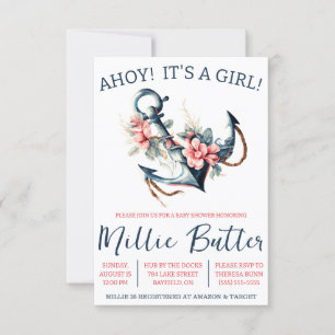 Invitation AHOY ! C'est une FILLE ! Baby shower Ancre floral