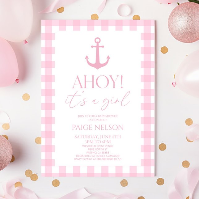 Invitation Ahoy C'est une fille Elegant Baby shower Nautique  (Créateur téléchargé)