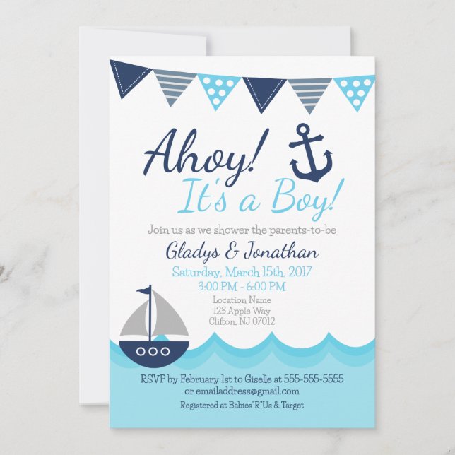 Invitation Ahoy! It’s a Boy Nautical Sailor Baby Shower Invit (Devant)