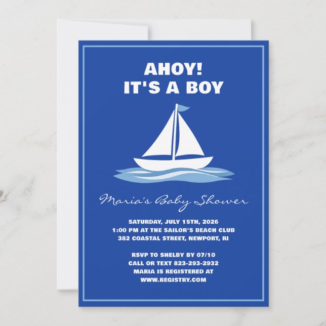 Invitation Ahoy It's a Boy! Blue Nautical Boat Baby Shower  (Devant)