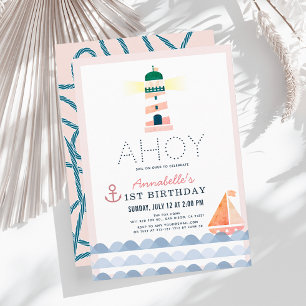 Invitation Ahoy Lighthouse Nautical Rose Girl 1er anniversair