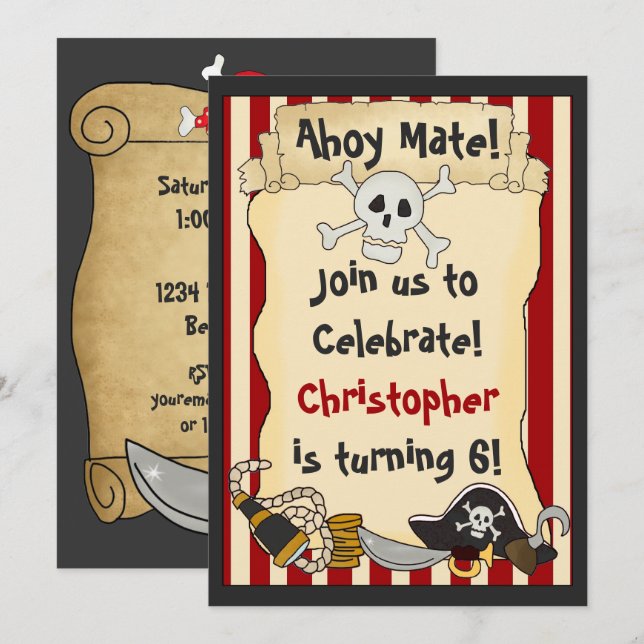 Invitation Ahoy Mate ! Crâne pirate n Crossbones Anniversaire (Devant / Derrière)