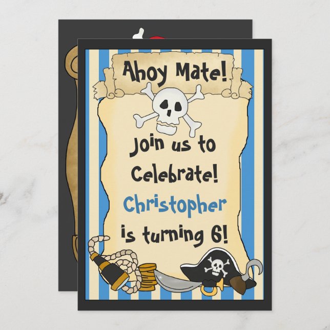 Invitation Ahoy Mate ! Pirate Crâne n Crossbones Bleu Anniver (Devant / Derrière)