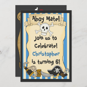 Invitation Ahoy Mate ! Pirate Crâne n Crossbones Bleu Anniver