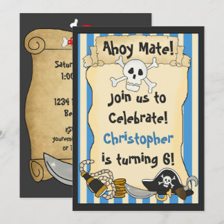 Invitation Ahoy Mate ! Pirate Crâne n Crossbones Bleu Anniver