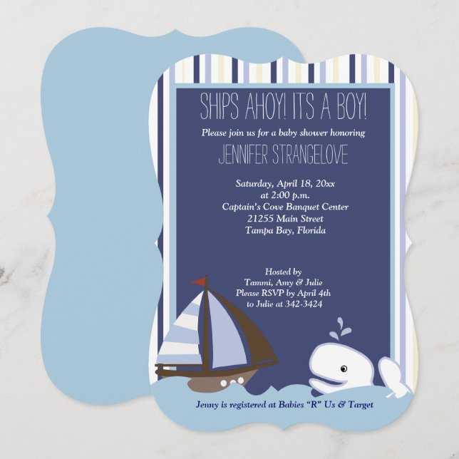 Invitation Ahoy Mate Whale Baby shower bateau à voile die cut (Devant / Derrière)