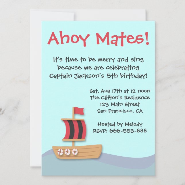 Invitation Ahoy Mates Black Red Sail Ship Anniversaire de enf (Devant)