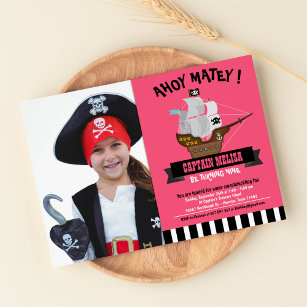 Invitation Ahoy Matey ! Bateau rose Pirate Photo Anniversaire