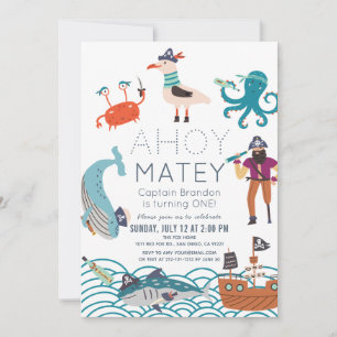 Invitation Ahoy Matey Pirate Sea Animaux 1er anniversaire