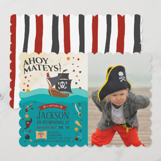 Invitation Ahoy Mateys Pirate Photo Anniversaire (Devant / Derrière)