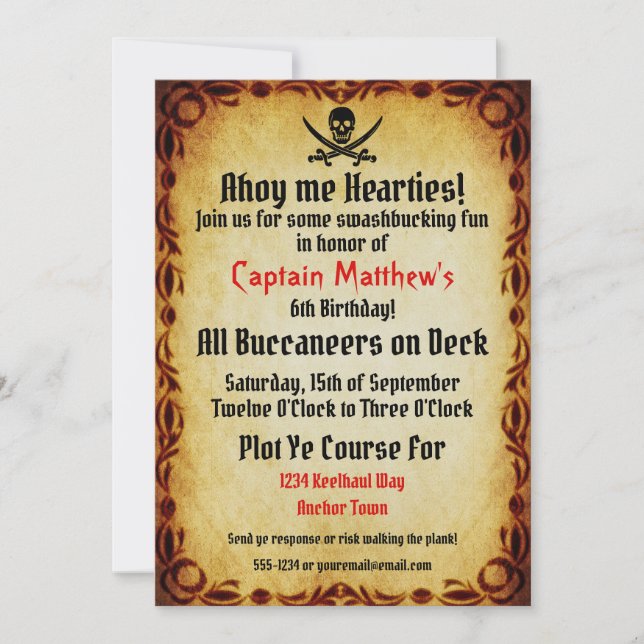 Invitation Ahoy Me Hearties Pirate Birthday Party (Devant)