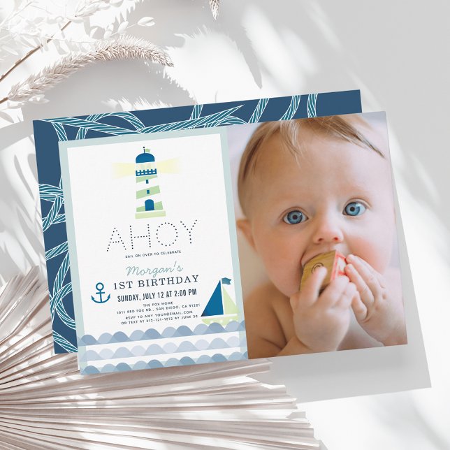 Invitation Ahoy Nautical Blue Boy Photo 1er anniversaire (Créateur téléchargé)