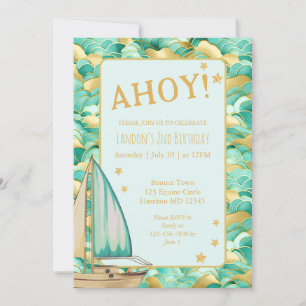 Invitation Ahoy Nautical Green et Gold Boat fête d'anniversai