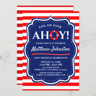 Invitation Ahoy Nautical Ocean Navy Blue Coastal Boy Annivers