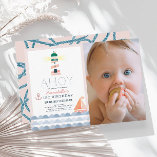 Invitation Ahoy Nautical Rose Girl Photo 1er anniversaire