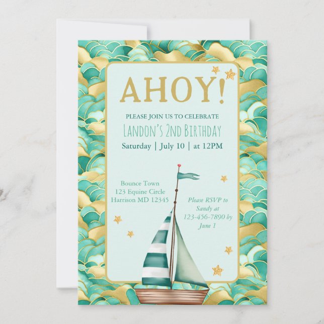 Invitation Ahoy Nautical Turquoise and Gold Boat Anniversaire (Devant)