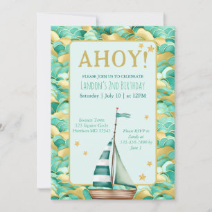 Invitation Ahoy Nautical Turquoise and Gold Boat Anniversaire