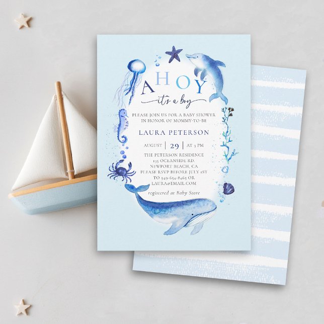 Invitation Ahoy Ocean Animals Nautical Blue Boy Baby shower (ocean baby boy shower invitation ahoy under the sea whale dolphin blue watercolor beach nautical.)