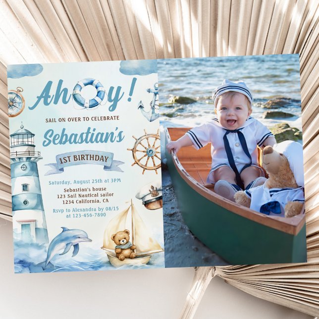 Invitation Ahoy Sailor Nautical Boat Blue 1er Birthday Photo (Créateur téléchargé)